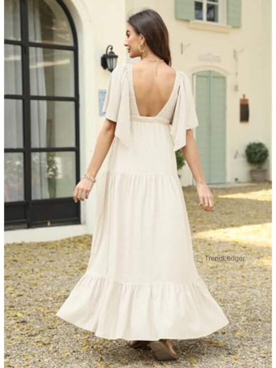 Dresses & Skirts - V-Neck Maxi Dress Tiered Ruffle Flutter Sleeve Backless Elastic Waist Flowy